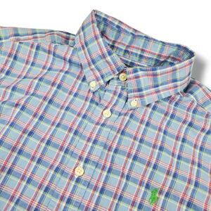 Ralph‎ Lauren Plaid Button Down Shirt Boys Large 14-16 Blue Short Sleeve Preppy